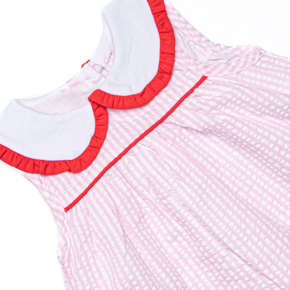 Time for School Seersucker Applique Dress, Pink