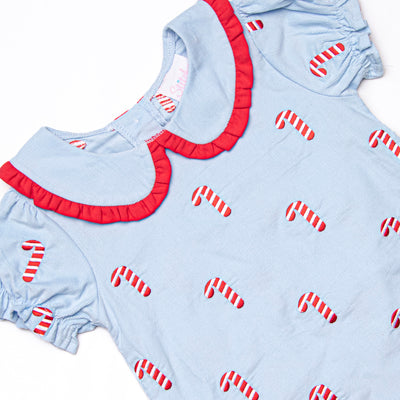 Candy Cane Craze Embroidered Girl Bubble, Blue