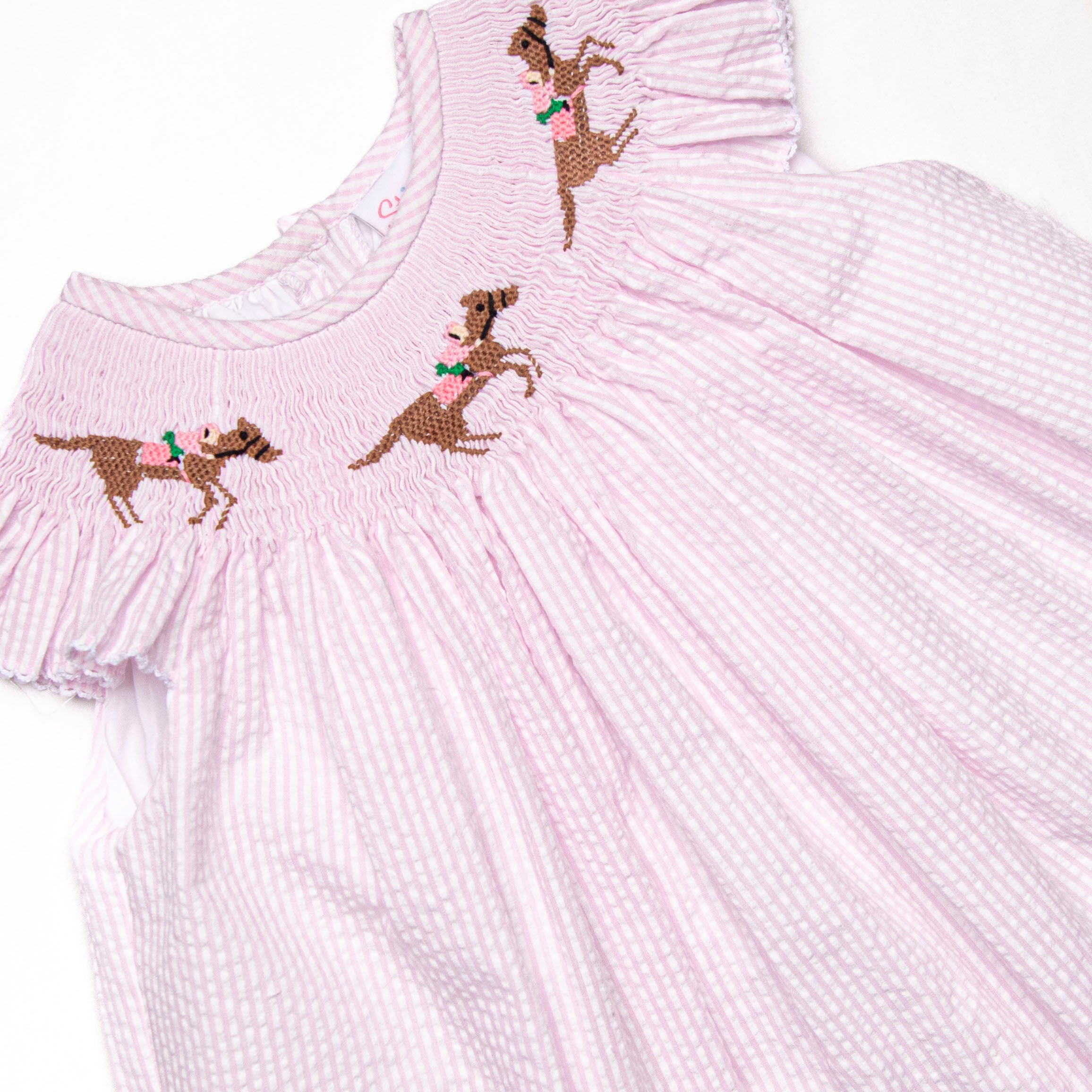 Girl's Derby Dash Smocked Bishop Dress in Pink Seersucker size 2T | Stitchy Fish Girl's Derby Dash Smocked Bishop Dress in Pink Seersucker size 2T | Stitchy Fish