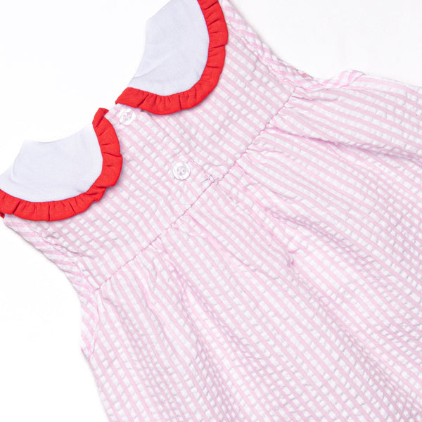Time for School Seersucker Applique Ruffle Short Set, Pink