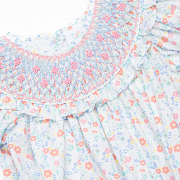 Janie Floral Smocked Bubble, Blue