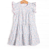 Rosette Blooms Tiered Dress, Blue