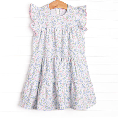 Rosette Blooms Tiered Dress, Blue