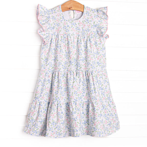 Rosette Blooms Tiered Dress, Blue