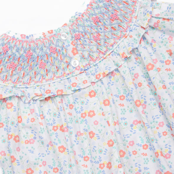 Janie Floral Smocked Bubble, Blue