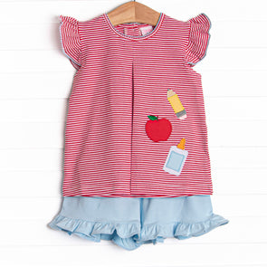Elementary Essentials Applique Ruffle Short Set, Red