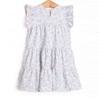 Rosette Blooms Tiered Dress, Blue