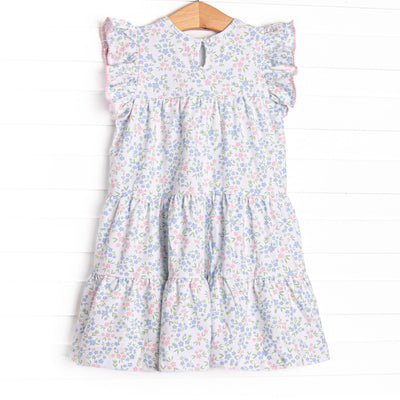 Rosette Blooms Tiered Dress, Blue
