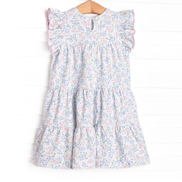 Rosette Blooms Tiered Dress, Blue
