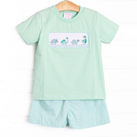 Dinosaur Days Smocked Short Set, Mint