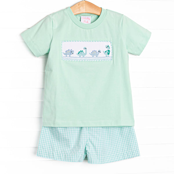 Dinosaur Days Smocked Short Set, Mint