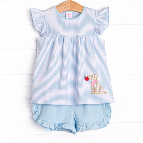 This set features a blue striped print, a puppy applique, and blue ruffle shorts to match.