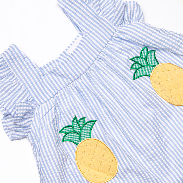 Pineapple Delight Applique Ruffle Short Set, Blue Seersucker