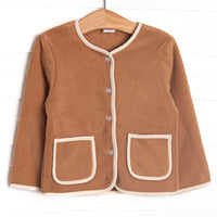 This coat features a brown fleece fabric, cream corduroy trim, and clear front buttons.