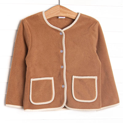 This coat features a brown fleece fabric, cream corduroy trim, and clear front buttons.