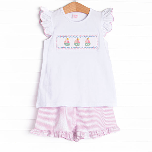 Coastal Cruise Smocked Ruffle Short Set, Pink Seersucker
