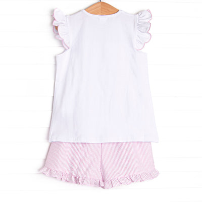 Coastal Cruise Smocked Ruffle Short Set, Pink Seersucker