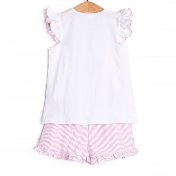 Coastal Cruise Smocked Ruffle Short Set, Pink Seersucker