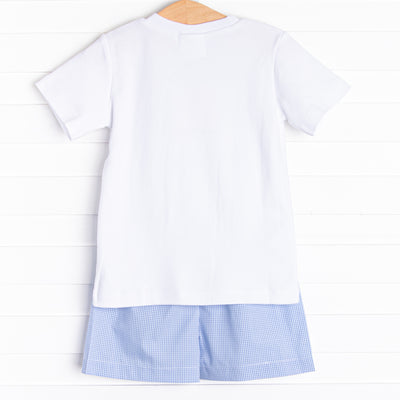 Fall Football Smocked Short Set, Blue