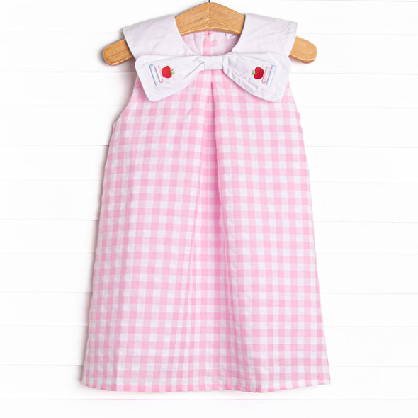 School Scholar Embroidered Dress, Pink
