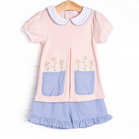 Pocket Petals Embroidered Ruffle Short Set, Pink