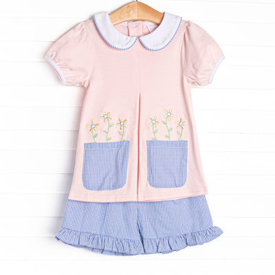 Pocket Petals Embroidered Ruffle Short Set, Pink