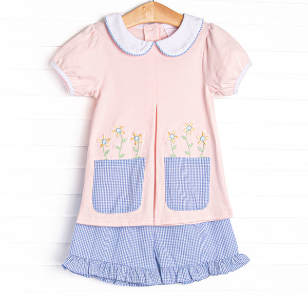 Pocket Petals Embroidered Ruffle Short Set, Pink