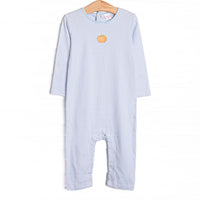 This precious romper features blue stripes, a pumpkin embroidery, and the softest Pima cotton.