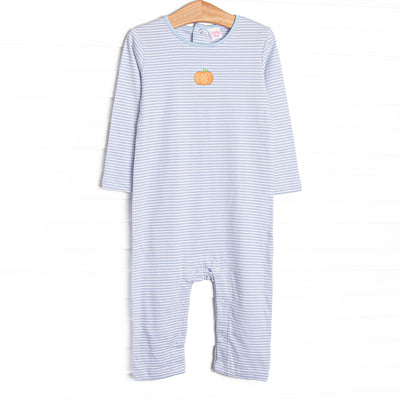 This precious romper features blue stripes, a pumpkin embroidery, and the softest Pima cotton.