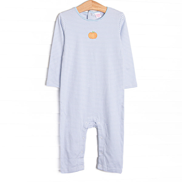 This precious romper features blue stripes, a pumpkin embroidery, and the softest Pima cotton.