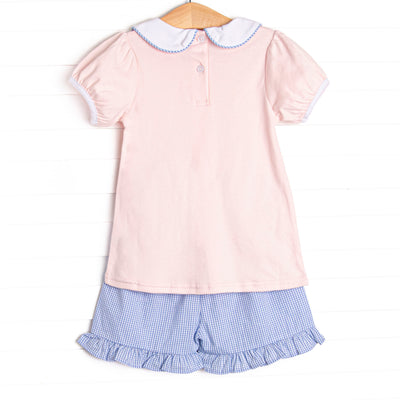 Pocket Petals Embroidered Ruffle Short Set, Pink