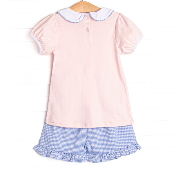 Pocket Petals Embroidered Ruffle Short Set, Pink