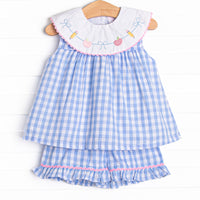 Back to School Banner Embroidered Ruffle Short Set, Blue