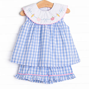Back to School Banner Embroidered Ruffle Short Set, Blue