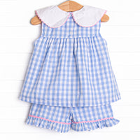 Back to School Banner Embroidered Ruffle Short Set, Blue
