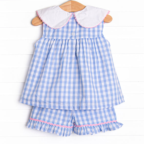 Back to School Banner Embroidered Ruffle Short Set, Blue