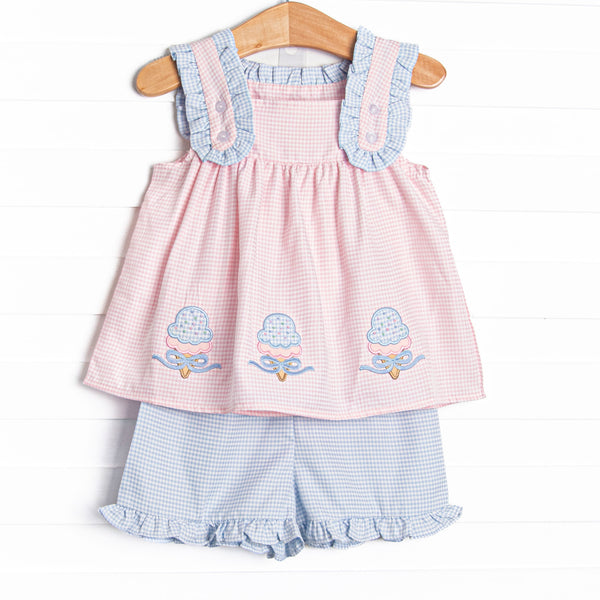 Soft Serve Scoops Applique Ruffle Strap Short Set, Pink