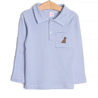  This precious shirt features blue stripes, a puppy embroidery, and the softest Pima cotton