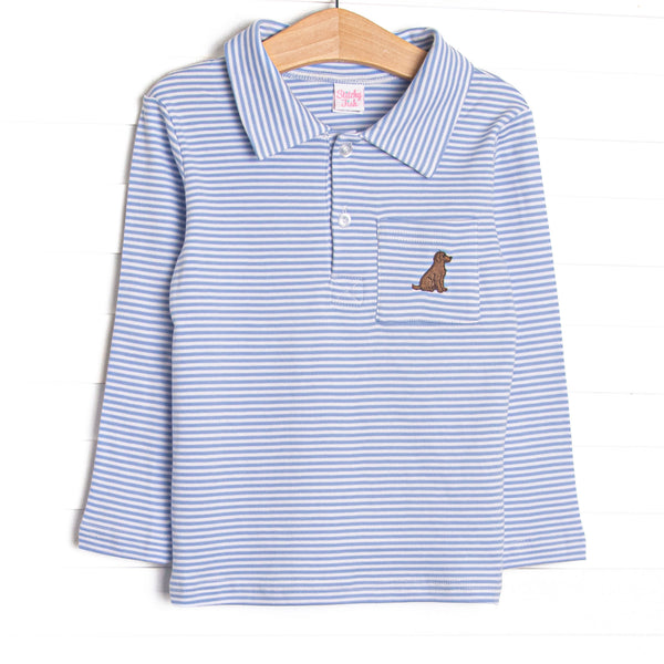  This precious shirt features blue stripes, a puppy embroidery, and the softest Pima cotton