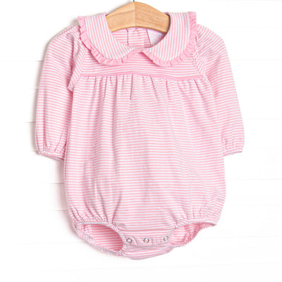This cozy knit favorite is a staple for every little girl's closet. Featured here in pink&nbsp; stripes and pink peter pan collar with ruffle trim!