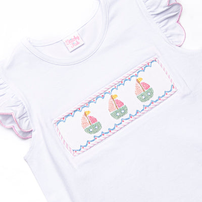 Coastal Cruise Smocked Ruffle Short Set, Pink Seersucker