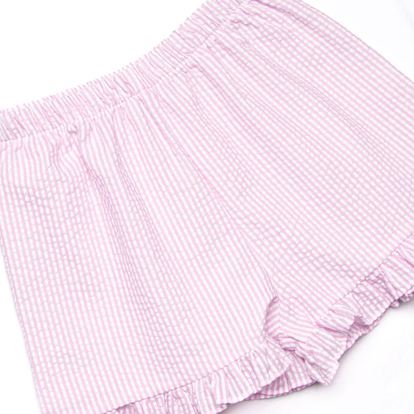 Coastal Cruise Smocked Ruffle Short Set, Pink Seersucker