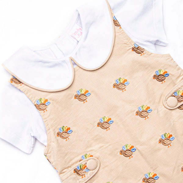 Tail Feather Turkeys Embroidered Jon Jon Set, Tan
