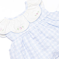 Rosebud Blooms Embroidered Scalloped Bib Dress, Blue