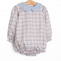 This bubble features blue plaid fabric, long sleeves, and a plaid Peter Pan collar.