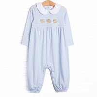 Tail Feather Trio Embroidered Romper, Blue