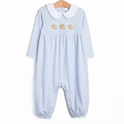Tail Feather Trio Embroidered Romper, Blue