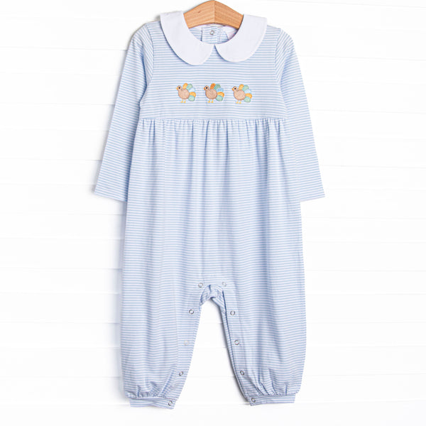 Tail Feather Trio Embroidered Romper, Blue