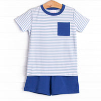  This cozy knit favorite is a staple for every little guy's closet featuring soft knit material, coordinating knit shorts, and light blue stripes. 