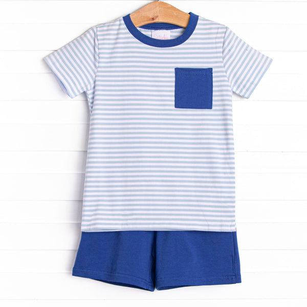  This cozy knit favorite is a staple for every little guy's closet featuring soft knit material, coordinating knit shorts, and light blue stripes. 